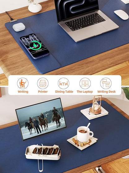 TopMade Mouse Pad with 15W Wireless Charging, XXL Large Leather Desk Mat, Waterproof Gaming Mousepad Home Office Desk Pad Protector, Computer Keyboard Pad, Mouse Mat for for MacBook, PC, Laptop, Blue