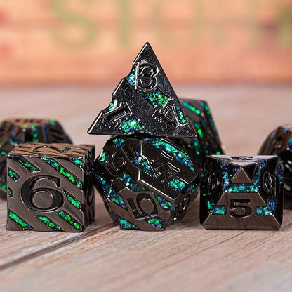 Metal Stripe Dice,Solid Metallic Glitter Stripes DND Dice with Gift Metal Box for Dungeons and Dragons Tabletop Game (Black Nickel Dark Green)