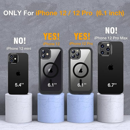 Miracase Magnetic for iPhone 12/12 Pro Case 6.1 inch, (Compatible with MagSafe) Upgrade Full-Body Clear Phone Bumper Case with Built-in 9H Tempered Glass Screen Protector, Magnetic Classic Black