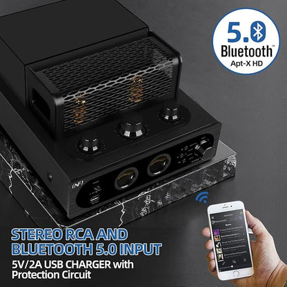 INFI Audio Hybrid Class AB Tube Amplifier 6N3 Power Amp with Bluetooth Home Audio HiFi Stereo Receiver Integrated Amp AUX Bluetooth USB Charger Optical Coaxial Sub-Out