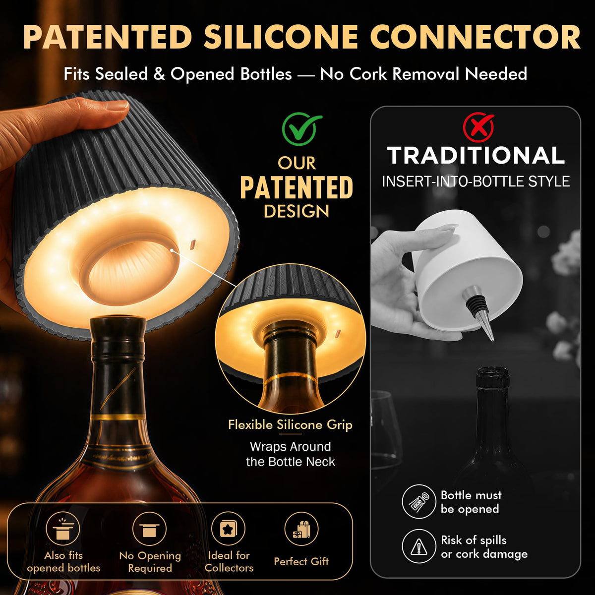 WILIT Wireless Bottle Lamp for Liquor Bottles, 3-Level Brightness LED Night Lights, Wine Lamp for Home Decor, Unique Table Lamp with RGB Lights, Rechargeable Bottle Lights for Bedroom, Black
