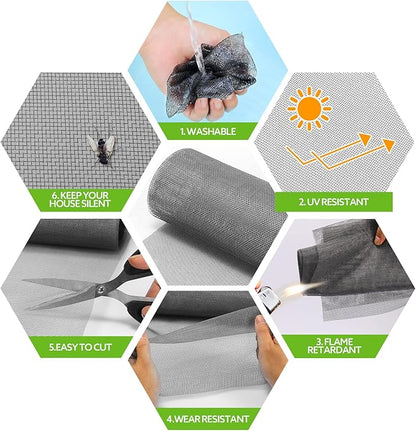 FLYZZZ Window Screen Door Repair Kit, 48"x118" Fiberglass Mesh Replacement with Roller Tool/Hook/Spline/Cutter/Clips/Ruler, 7-in-1 Sliding Patio Door & Screen Door Repair Kit, Gray
