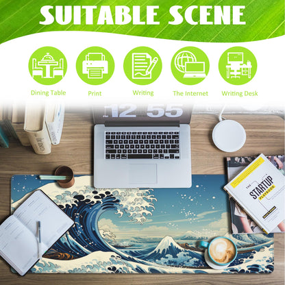 Eflxamz Desk Mat,Blue Japanese Sea Wave Desk Pad,Japanese Sea Wave Large Gaming Mouse Pad for Desk,Extended Big Computer Keyboard Mouse Pad with Non-Slip Base and Stitched Edge,31.5"x11.8"