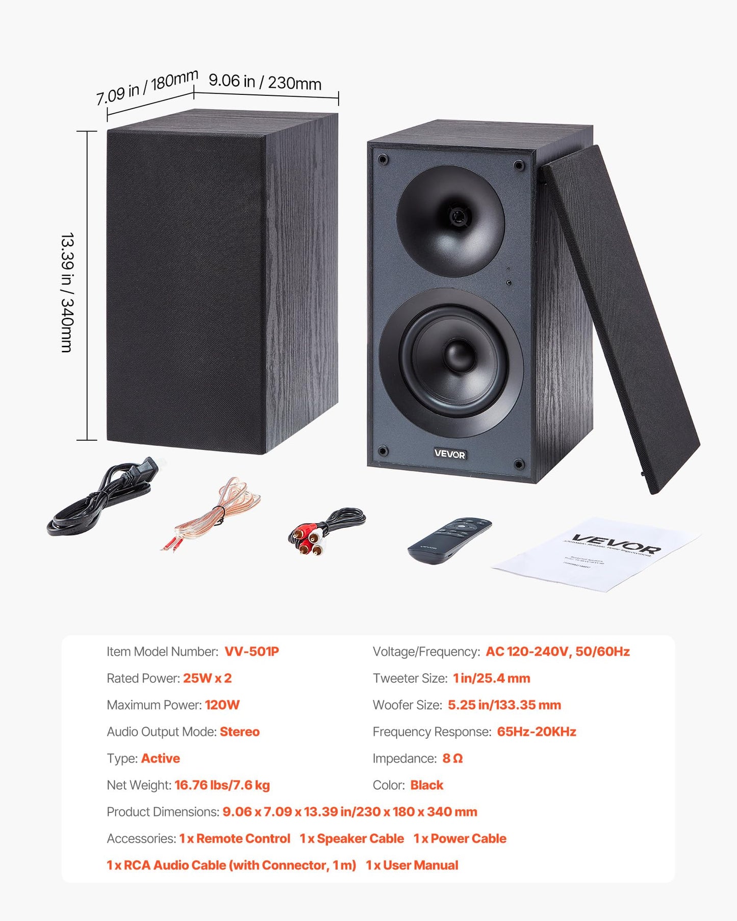 VEVOR Powered Bookshelf Speakers, 25W x 2, Active Studio Monitor Speaker with 5.25 Inch Woofer, Bluetooth/RCA/Coaxial/Optical/USB/Subwoofer Connection, Wooden Enclosure, for Record Player Turntable PC