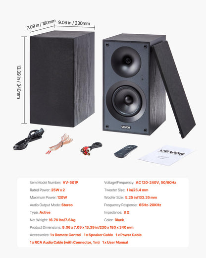 VEVOR Powered Bookshelf Speakers, 25W x 2, Active Studio Monitor Speaker with 5.25 Inch Woofer, Bluetooth/RCA/Coaxial/Optical/USB/Subwoofer Connection, Wooden Enclosure, for Record Player Turntable PC