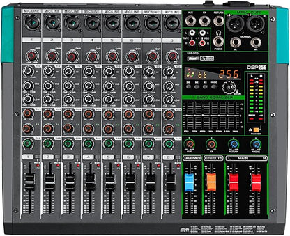 Depusheng PA8 Professional Audio Mixer Sound Board Console Desk System Interface 8 Channel Digital USB Bluetooth MP3 Computer Input 48V Phantom Power Built-in 256 Reverb Effect, Black