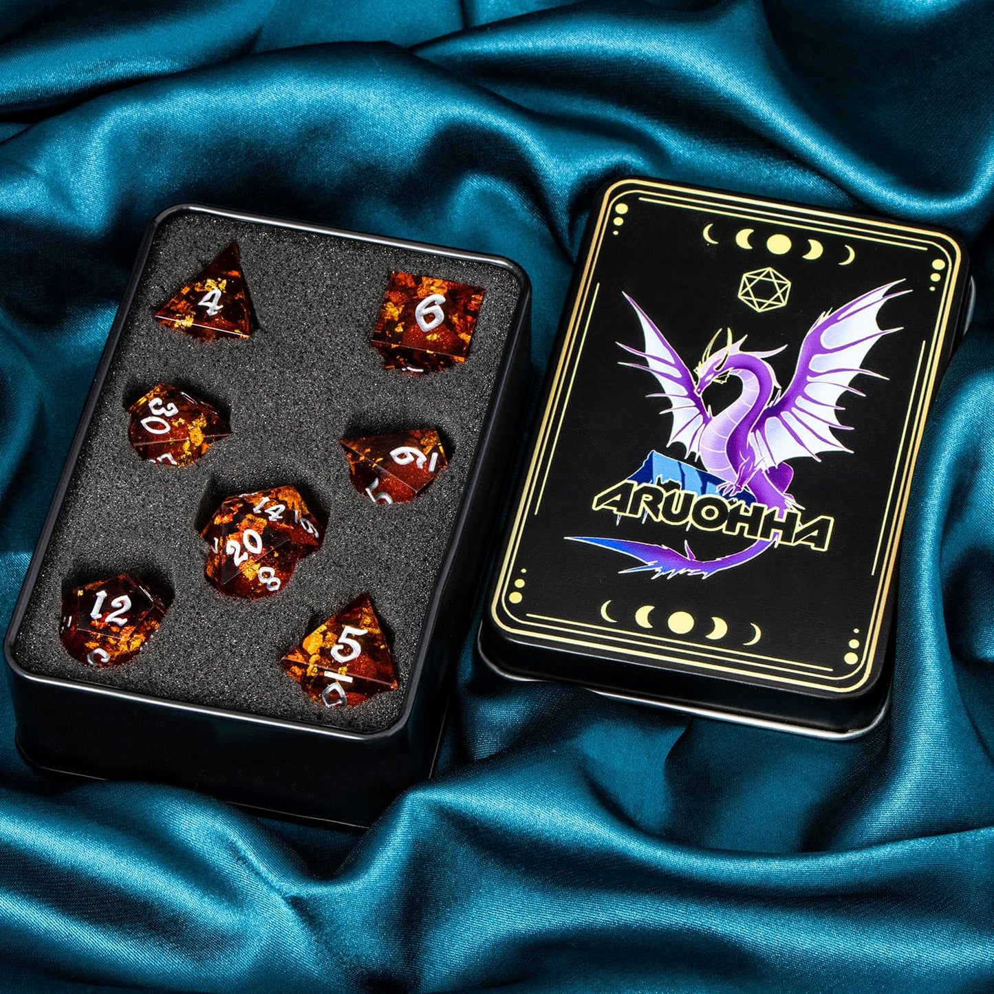 ARUOHHA Liquid Core DND Dice Set, 7pcs Resin Sharp Edged Dragons Dice Role Playing Games, RPG Silver Numbers Red Dungeons Polyhedral Dice with Gift Box D20 D12 D10 D8 D6 D4
