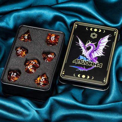 ARUOHHA Liquid Core DND Dice Set, 7pcs Resin Sharp Edged Dragons Dice Role Playing Games, RPG Silver Numbers Red Dungeons Polyhedral Dice with Gift Box D20 D12 D10 D8 D6 D4
