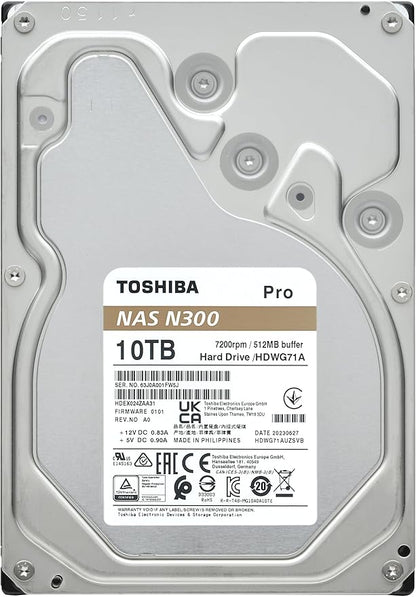 Toshiba N300 PRO 10TB Large-Sized Business NAS (up to 24 Bays) 3.5-Inch Internal Hard Drive - Up to 300 TB/Year Workload Rate CMR SATA 6 GB/s 7200 RPM 512 MB Cache - HDWG71AXZSTB