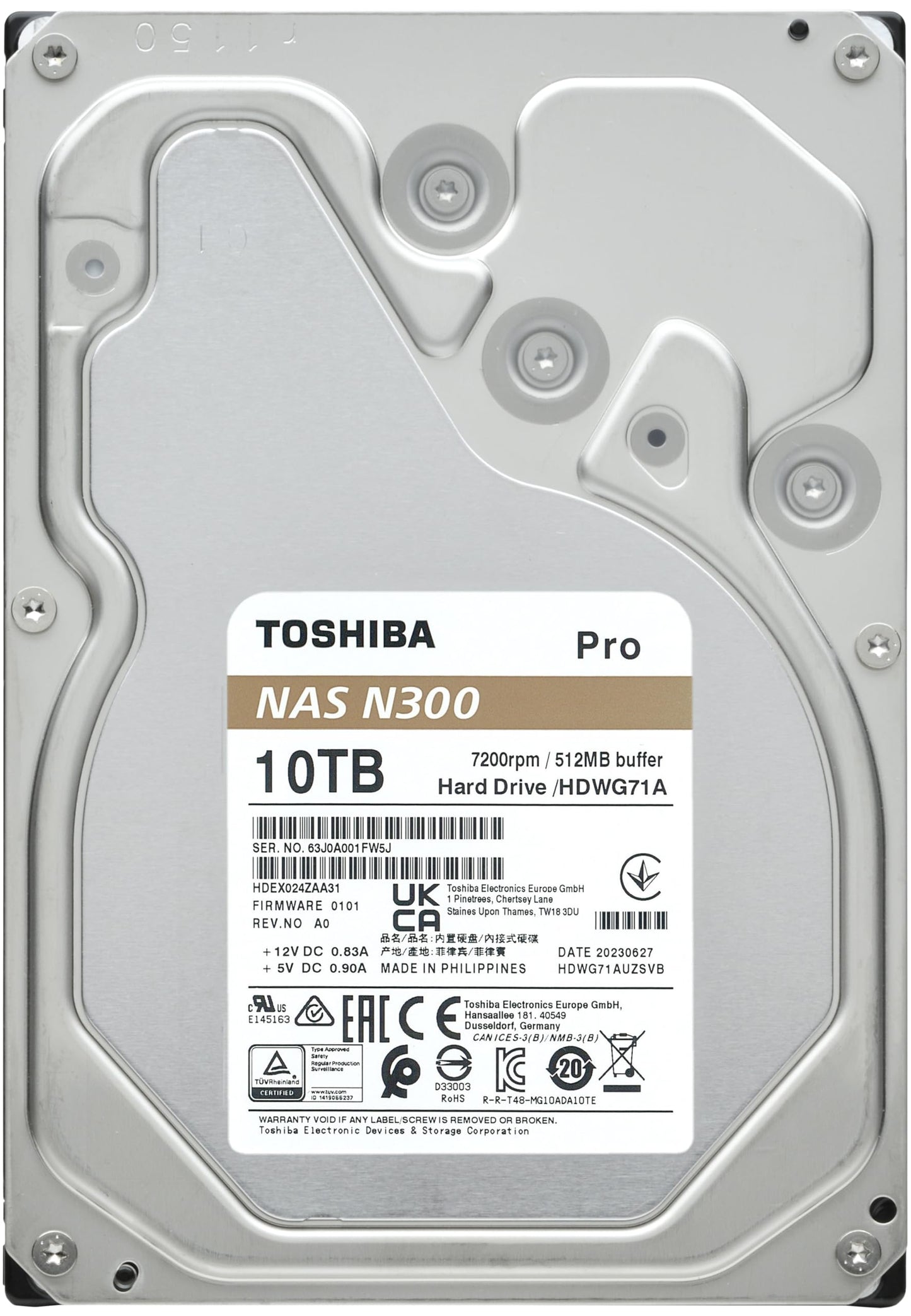 Toshiba N300 PRO 10TB Large-Sized Business NAS (up to 24 Bays) 3.5-Inch Internal Hard Drive - Up to 300 TB/Year Workload Rate CMR SATA 6 GB/s 7200 RPM 512 MB Cache - HDWG71AXZSTB
