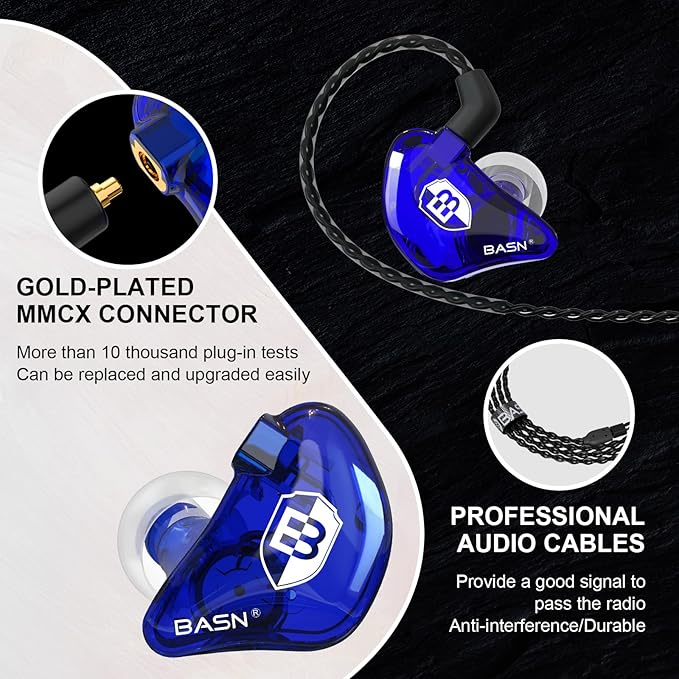 BASN in Ear Monitor Headphones for Musicians Audiophiles Drummers, Bsinger Pro Noise Isolating Earbuds with Dual Driver Dynamic Crystal Clear Sound (Pro Clear Blue)