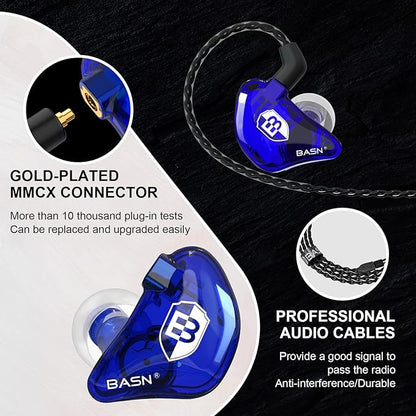 BASN in Ear Monitor Headphones for Musicians Audiophiles Drummers, Bsinger Pro Noise Isolating Earbuds with Dual Driver Dynamic Crystal Clear Sound (Pro Clear Blue)