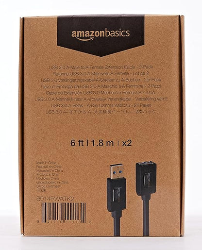 Amazon Basics 2-Pack USB-A 3.0 Extension Cable, 4.8Gbps High-Speed, Male to Female Gold-Plated Connectors, 6 Foot, Black