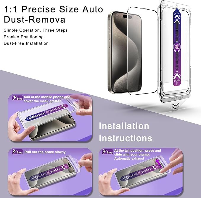 2 Pack Screen Protector for iPhone 16 Pro, 9H Tempered Glass, Full Coverage, Anti-Fingerprint, Auto Dust-Elimination, No Bubble, Easy Installation