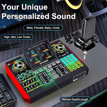 Podcast Equipment Bundle with 3.5mm Condenser Microphone for Pc/Phone Live Streaming Singing Gaming, Podcast Microphone Bundle with Live Sound Card Audio Mixer,Voice Changer, Denoise,DJ Sets