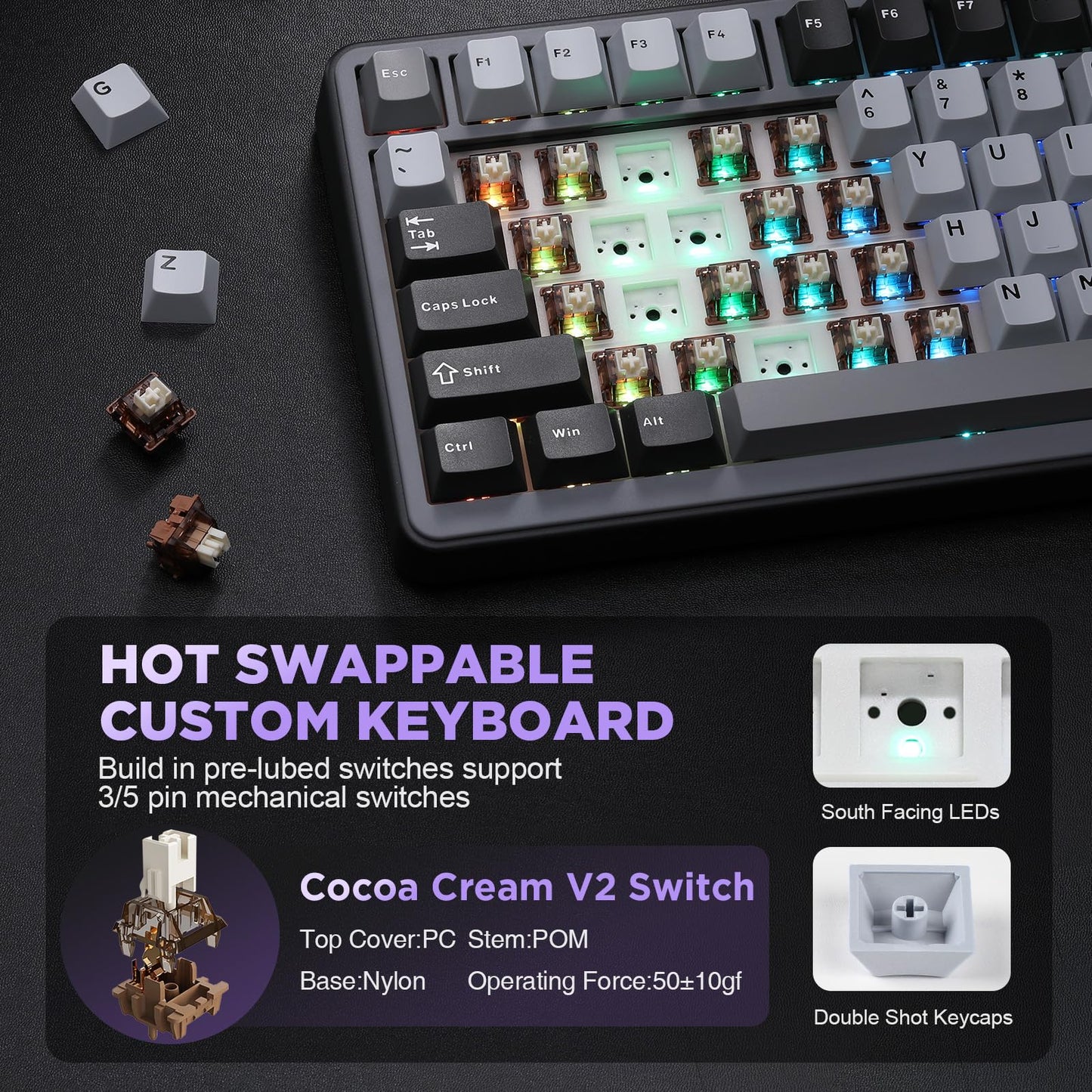 YUNZII B75 75% Hot Swap RGB Mechanical Keyboard(Dark Grey,Cocoa V2)