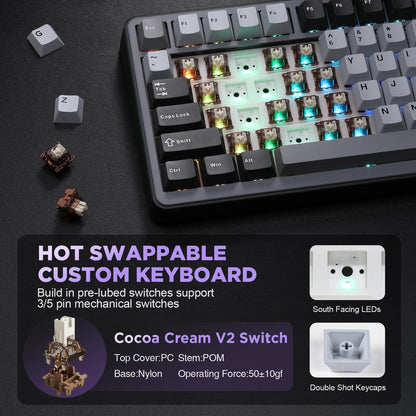 YUNZII B75 75% Hot Swap RGB Mechanical Keyboard(Dark Grey,Cocoa V2)