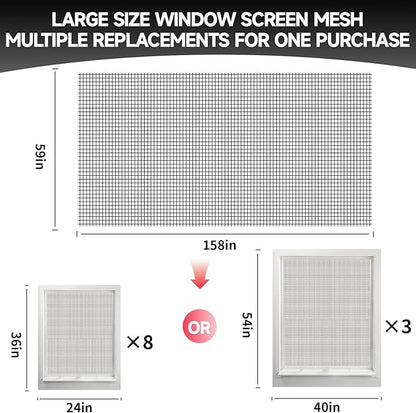 Window Screen Door Repair/Replacement Kit,59" x158" Adjustable Durable Fiberglass Window Screen Mesh,with Spline/Roller/Hook/Clips Screen Door Repair Kit,DIY Window,Porch Sliding Door(Black)