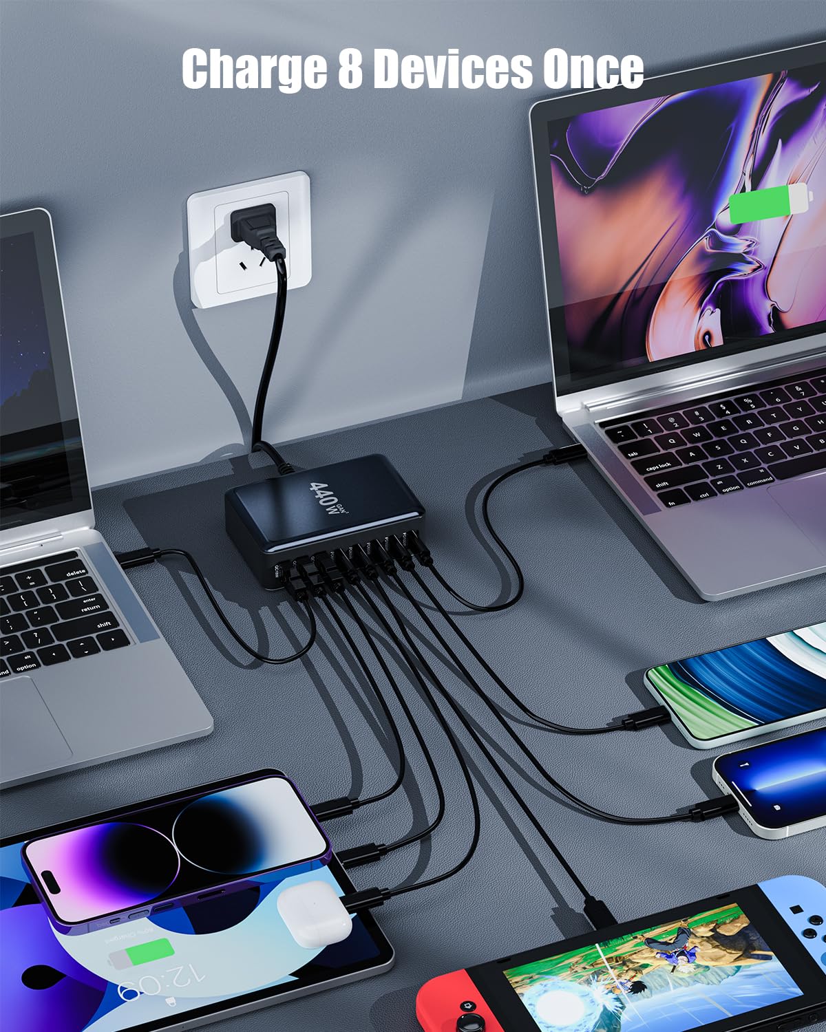 BODSEIEOU USB C Charger Block 440W Charging Station Hub,8 Port GaN III Fast Charging Brick with 5ft Extension Cord,PD PPS 100W Laptop Power Adapter for MacBook Pro/Air,iPhone 17/16,Samsung Galaxy,Dell