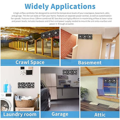 3X 120mm Computer Fan with AC Plug, AC 110V 120V 220V 240V Cabinet Cooling Fan with Speed Controller, Cooling for Windows, Plant Cabinet, Crawl Space, Basement, Laundry Room, Garage, Attic