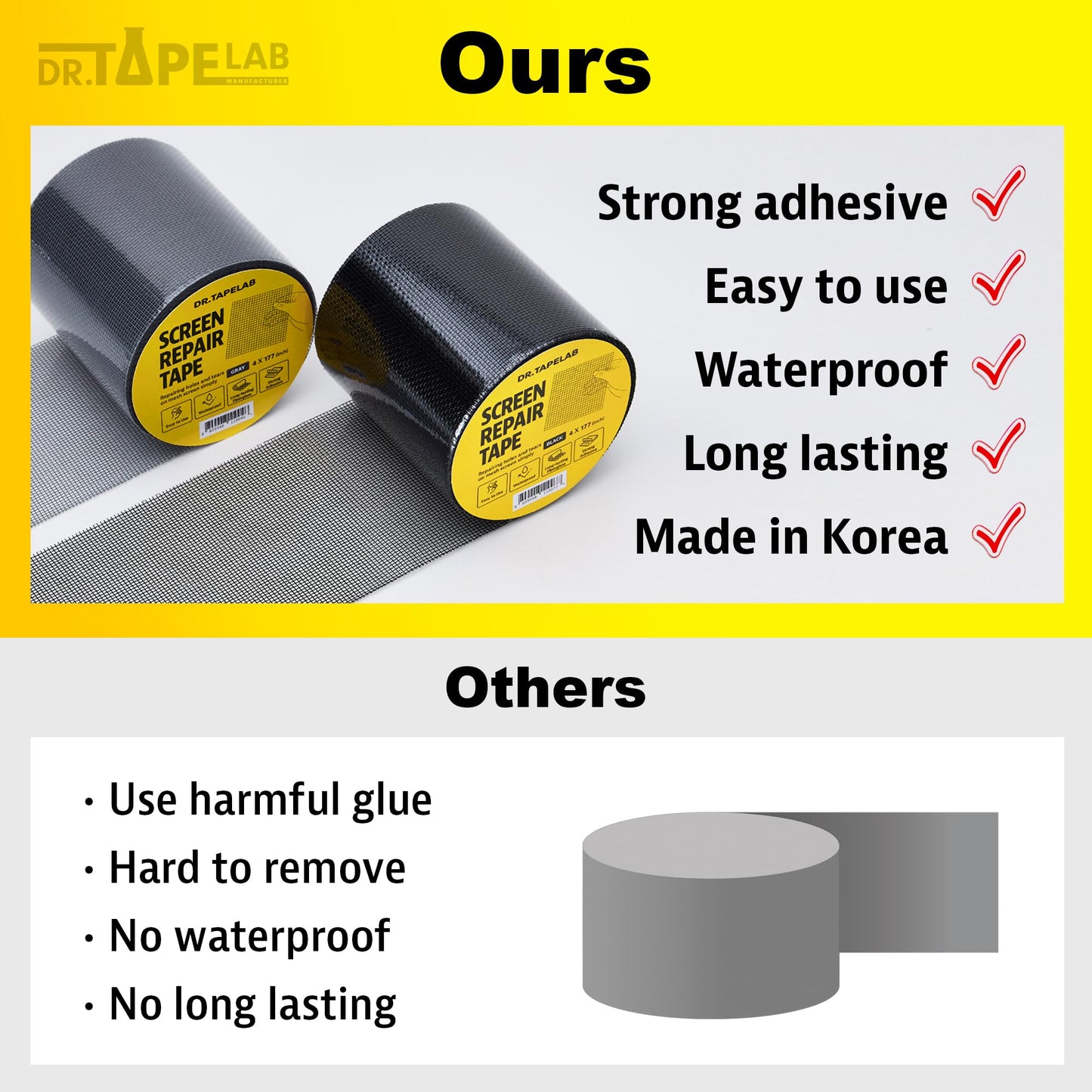 DR.TAPELAB, Grey Window Screen Repair Tape, 2 in X 15 FT, Screen Repair Kit for Windows or Doors, Strong Adhesive Patch Kit Fiberglass Mesh Tape