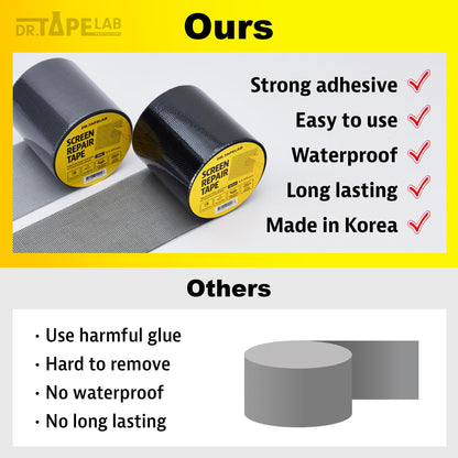 DR.TAPELAB, Grey Window Screen Repair Tape, 2 in X 15 FT, Screen Repair Kit for Windows or Doors, Strong Adhesive Patch Kit Fiberglass Mesh Tape