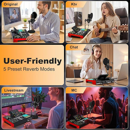 Podcast microphone bundle, live sound card, streaming audio mixer, podcast equipment bundle for PC/mobile live streaming, singing, gaming, soundboard with voice changer and noise reduction function