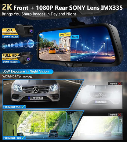 PORMIDO OEM 2K Rear View Mirror Camera,10" Mirror Dash Cam with Detached Front Backup Camera, Smart Full Touchscreen Rearview WDR Dashcam with Built-in GPS,64GB Card,Parking Monitor,Night Vision