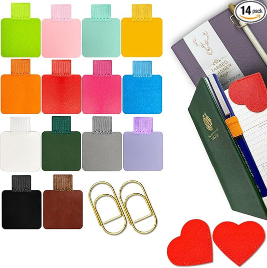 Pen Loop Holder for Notebook 14 Colors Self-Adhesive Stick On Pen Holder with Extra 2 Pens Clips 2 Leather Bookmarks As COMBO for Planner Journal Tablet Clipboards Calendars Bible Campus School Office