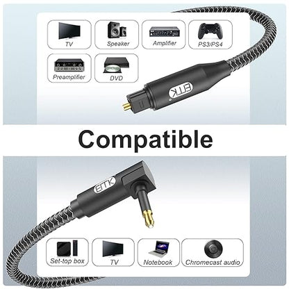 EMK Premium 90° Right-Angle Mini Toslink Cable (3Ft/1M) - 3.5mm Optical Digital Audio Cable for Sound Bars, TVs & Home Theater - SPDIF/Toslink Compatible, Black