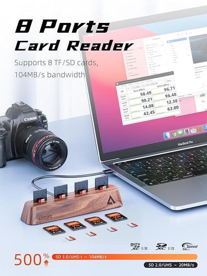 8-Port USB 3.0 SD Card Reader, Walnut Wood Design 5Gbps Data, Simultaneous Support to Micro SD/TF3.0 and SD3.0 Card Read and Write (Compatible UHS-I/II Card)-AST43M