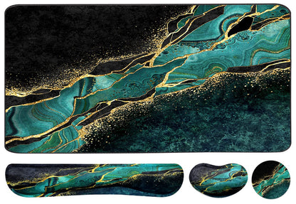 Keyboard Mouse Pad Set, Extended Mouse Pad+Keyboard Wrist Rest Support, Memory Foam Ergonomic Easy Typing, 3Pcs (35.4×15.7 in) Desk Pad Set for Home Office Study Game - Malachite Marble