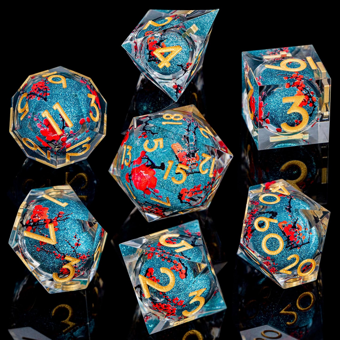 ARUOHHA DND Resin Dice Plum Blossom Liquid Core Dice Golden Blue Sharp Edged Polyhedral Dragons Dice Set with Gift Box, Dungeons D and D Dice Role Playing Game D20 D12 D10 D8 D6 D4