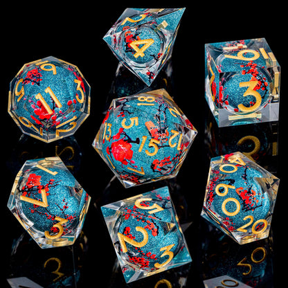ARUOHHA DND Resin Dice Plum Blossom Liquid Core Dice Golden Blue Sharp Edged Polyhedral Dragons Dice Set with Gift Box, Dungeons D and D Dice Role Playing Game D20 D12 D10 D8 D6 D4