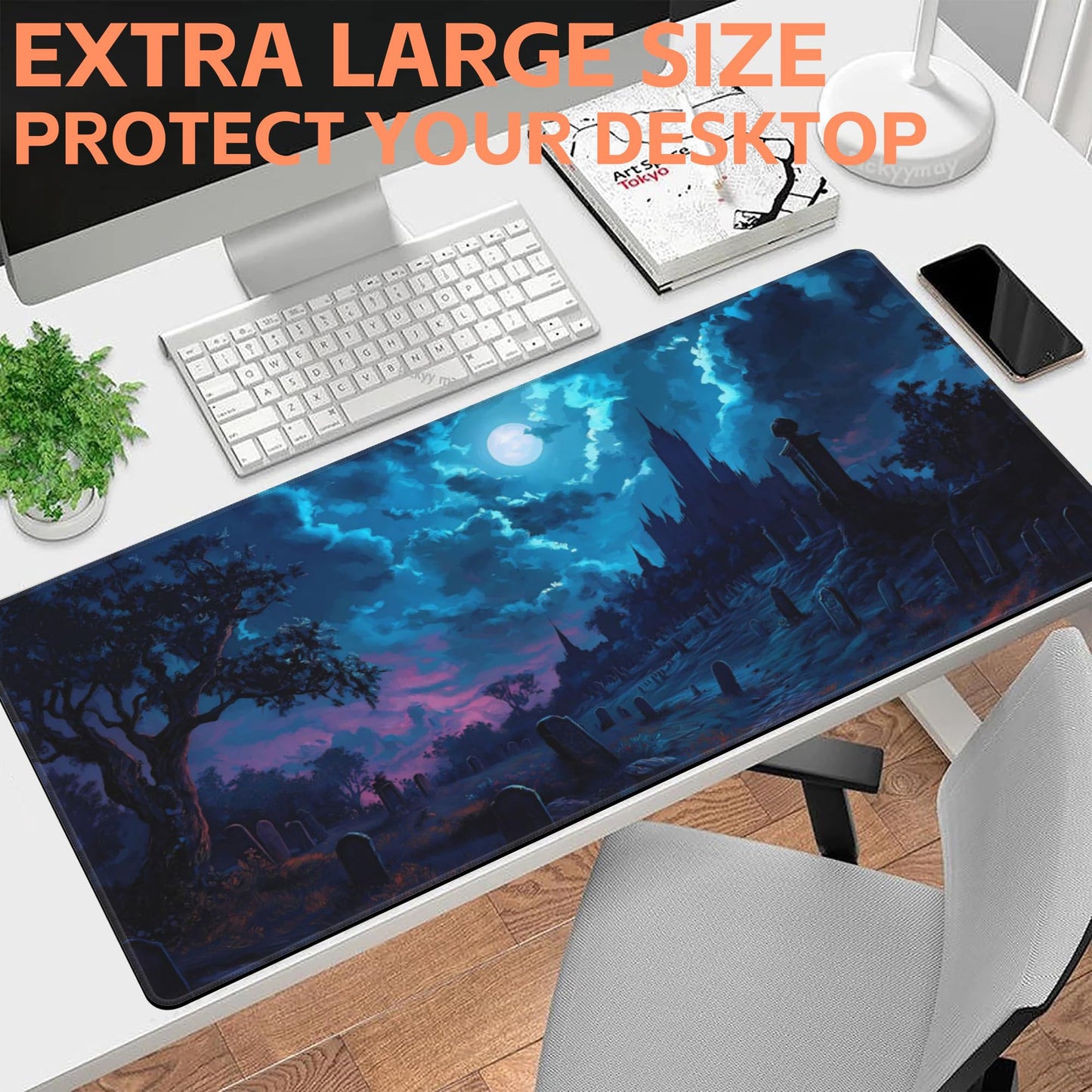 NIYLYNSYN Mouse Pad Large Gothic Graveyard Non-Slip Game Desk Mat with Stitched Edge Laptop Keyboard Desk Pad for Work Home Gaming (35.4 x 15.7 Inches)