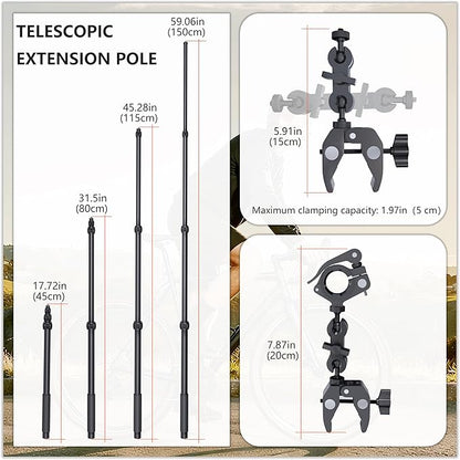 Motorcycle Camera Mount for Insta 360 x5,Adjustable GoPro Bike Extension Pole Kit Compatible with Insta360, GoPro, and DJI Cameras - Designed for Bike and Motorcycle Riding Shots