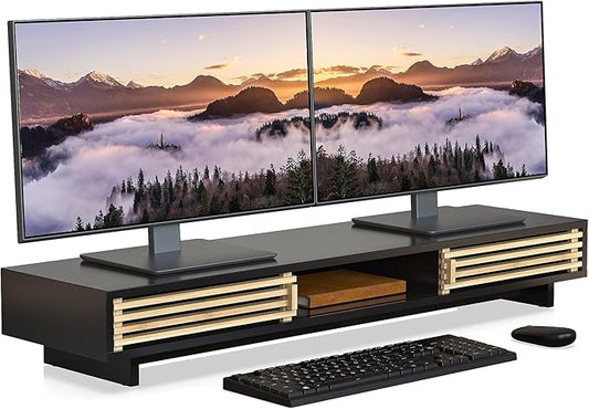 WELL WENG Dual Monitor Stand with Sliding Bamboo Doors - Heavy Duty Wood Computer Monitor Riser for 2 Screens, Ergonomic Desk Organizer with Storage & Keyboard Tray, Natural & Black (38 Inch)