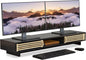 Dual Monitor Stand Riser with Sliding Door, Double Computer Laptop Stand Desk Shelf Organizer with Storage (Black + Natural Bamboo, 38 Inch)