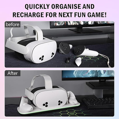 Charging Dock for Quest 3S, VR Stand for Meta Quest3, Charge Station for Oculus Quest 3S Supports Headset with Type-C Magnetic Suction Cable and Rechargeable Battery to Fit Controller