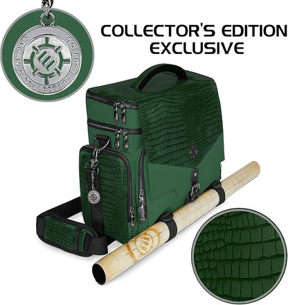 ENHANCE Collector's Edition RPG Adventurer's DnD Bag - Dragon Hide Exterior Travel RPG Bag with Tabletop Miniatures Storage Vault, Mat Holder, DnD Dice & Token Pockets, Fits 4-8 Books (Dragon Green)