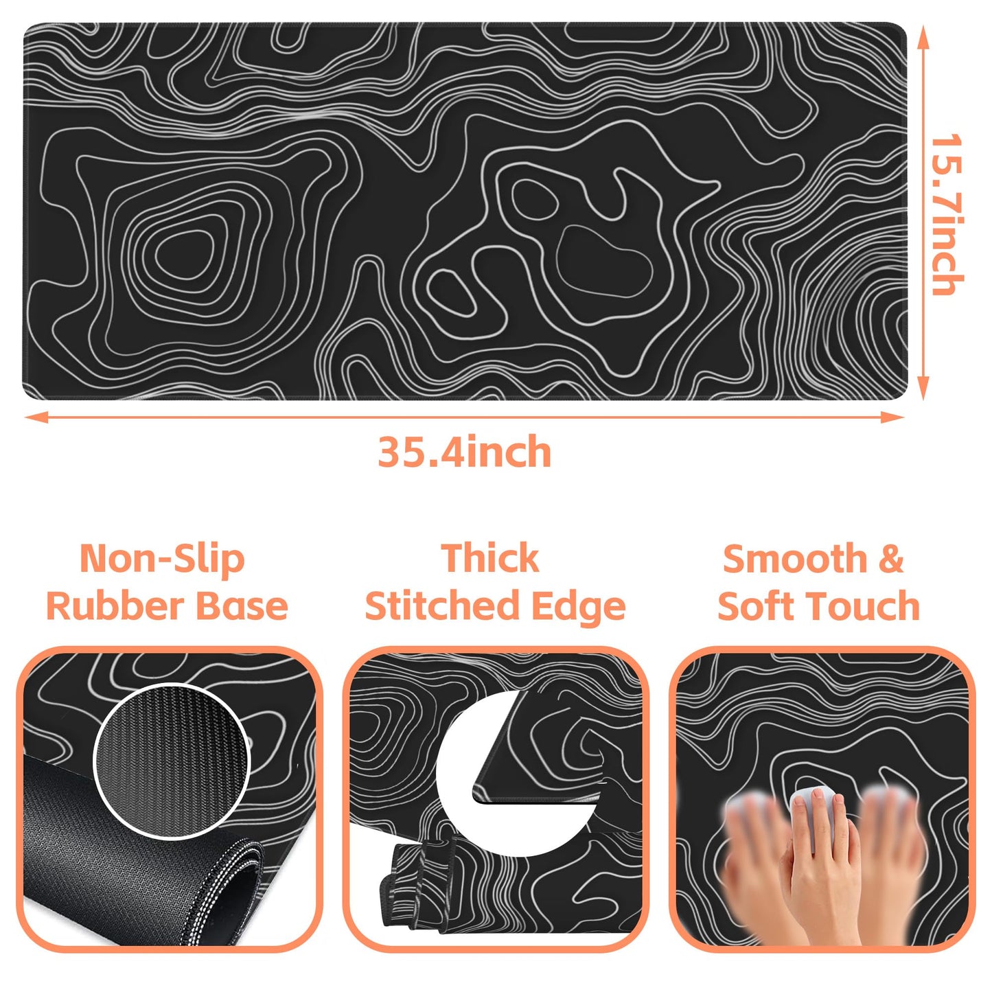 NIYLYNSYN Mouse Pad Large Topographic Map Lines Non-Slip Game Desk Mat with Stitched Edge Laptop Keyboard Desk Pad for Work Home Gaming (35.4 x 15.7 Inches)