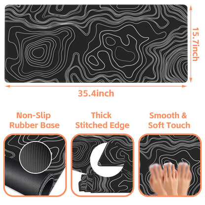NIYLYNSYN Mouse Pad Large Topographic Map Lines Non-Slip Game Desk Mat with Stitched Edge Laptop Keyboard Desk Pad for Work Home Gaming (35.4 x 15.7 Inches)