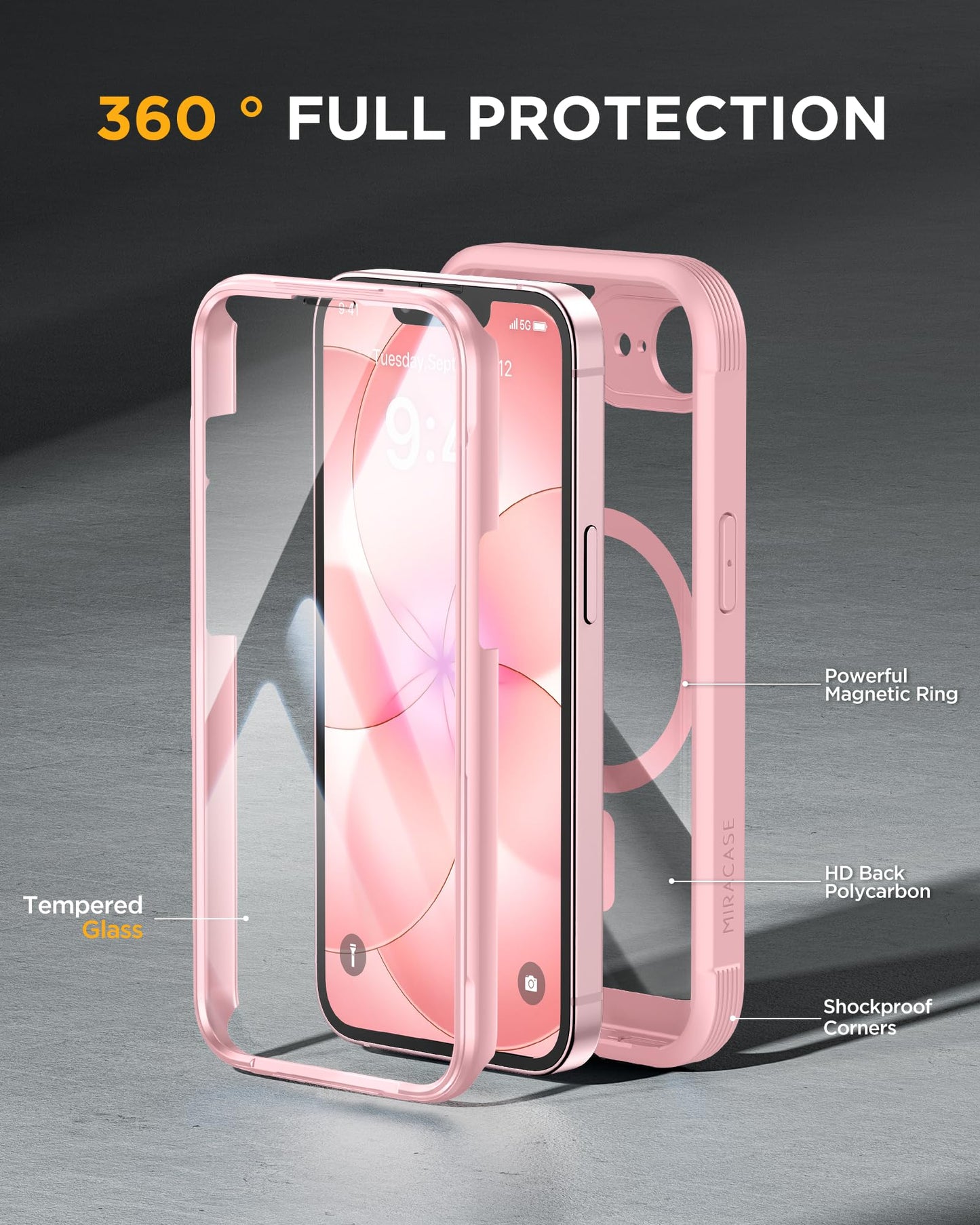 Miracase for iPhone 17e Case & iPhone 16e Case, Full-Body Phone with Built-in Glass Screen Protector, [Magnetic with MagSafe] Military Drop Proof 17 E/ 16 E Cover Bumper 6.1 inch, Pink