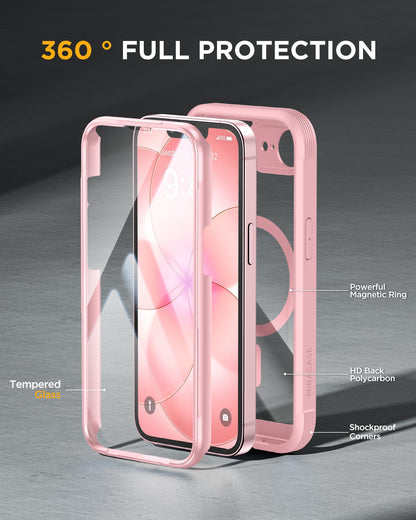 Miracase for iPhone 17e Case & iPhone 16e Case, Full-Body Phone with Built-in Glass Screen Protector, [Magnetic with MagSafe] Military Drop Proof 17 E/ 16 E Cover Bumper 6.1 inch, Pink