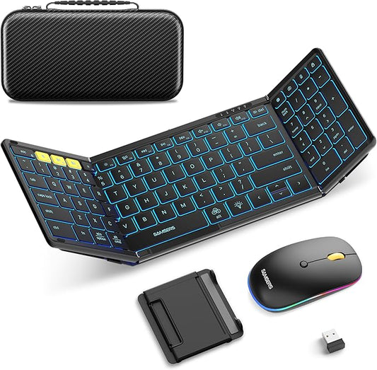 Foldable Keyboard and Mouse, Samsers Folding Bluetooth Keyboard Combo, 2.4G + BT5.0 x 2, Full-Size Portable Travel Keyboard & Rechargeable Wireless Mouse for Windows Android iOS Mac OS, Black