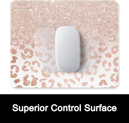ITNRSIIET Mouse Pad with Stitched Edge Premium Textured Smooth Precise Operation Waterproof Washable Non-Slip Rubber Base Desktop Protection Mat, 10.2×8.3×0.12 inches, Rose Gold Leopard Print