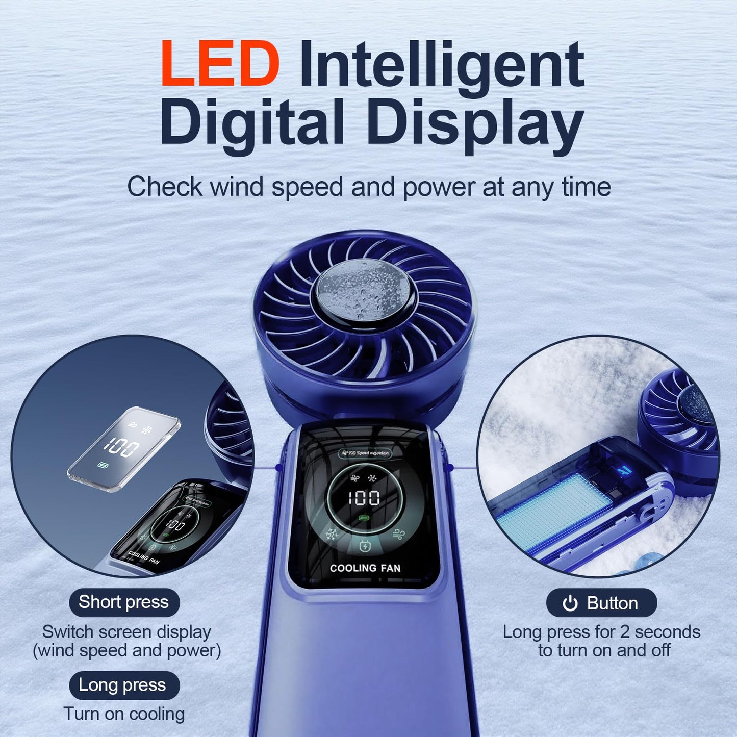 GZEduld Quiet Personal Handheld Fan with Stand & Lanyard, 5000mAh USB-C Rechargeable Battery, 12H Runtime 5-Speed LED Display Mini Cool Fan for Travel Beach Concerts Outdoor Events（Blue）