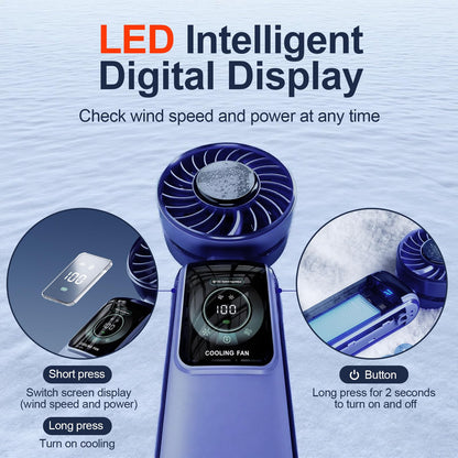 GZEduld Quiet Personal Handheld Fan with Stand & Lanyard, 5000mAh USB-C Rechargeable Battery, 12H Runtime 5-Speed LED Display Mini Cool Fan for Travel Beach Concerts Outdoor Events（Blue）