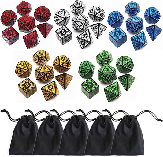 Polyhedral DND Dice Set, 5 Pack Dice Sets Fit for Dungeons and Dragons D&D RPG Games 7-Die Polyhedral Dice with Vintage Pattern 35 Pieces (5 Colors with White)