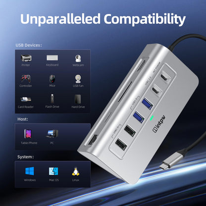 intpw 10-in-1 USB C Hub, P9R Powered USB Hub with 4K HDMI, 3 USB 3.0 5Gbps, PD 100W, 1Gbps Ethernet, SD/TF, Aluminum USB Hub for Laptop, MacBook Pro/Air, iPad Pro, iPhone 17, Dell, HP